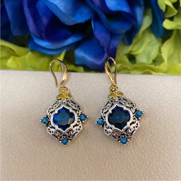 Sapphire Gemstone Dangle Drop Earrings With Antiqued Style Setting NEW! - Picture 3 of 7